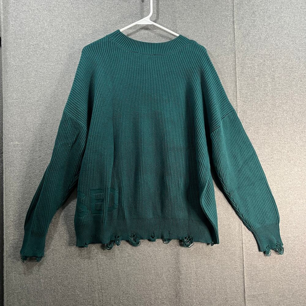 Peace Love World Destructed Affirmation Sweater Deep Teal Size Medium
